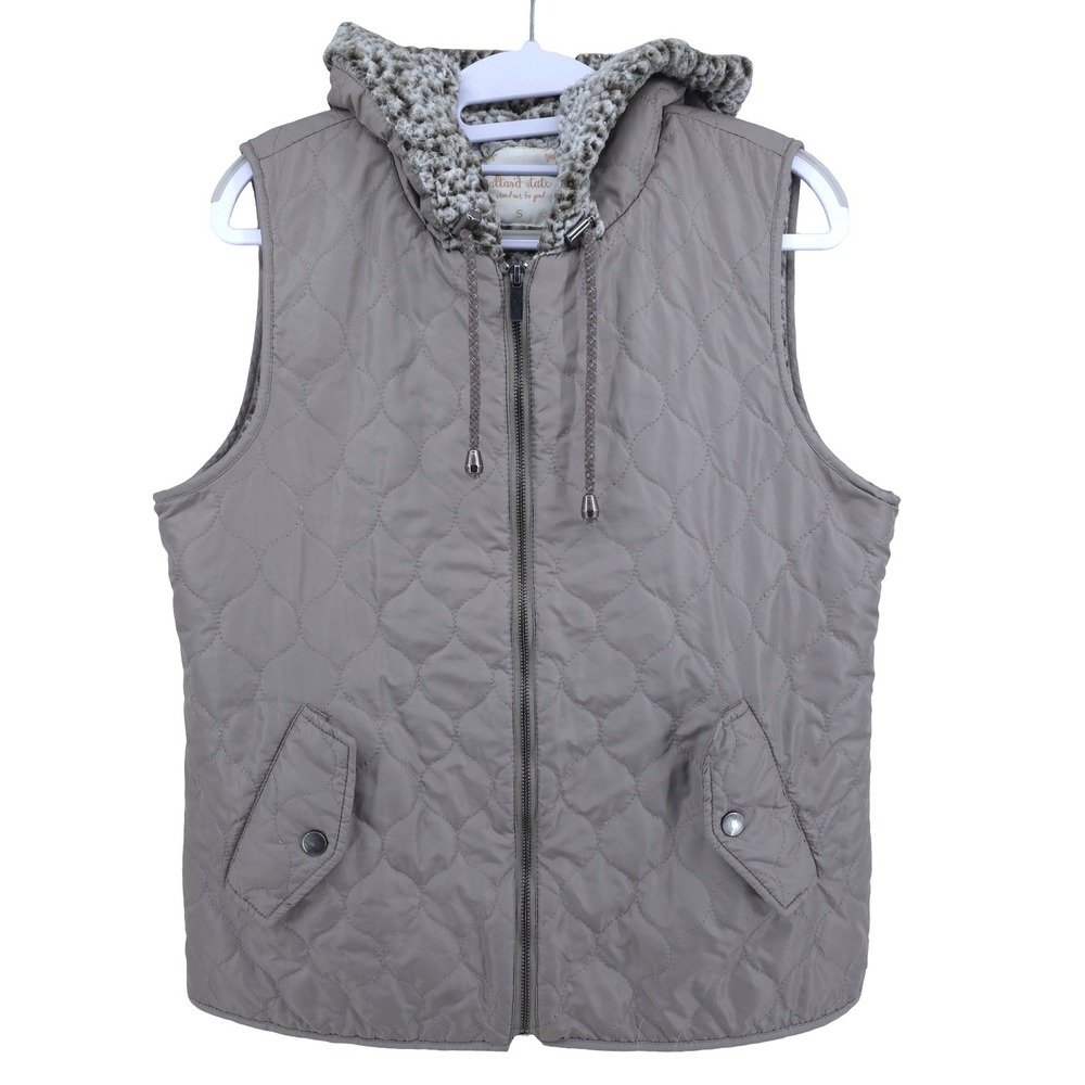 Altard State Quilted Hooded Sherpa Trim Gray Full Zip Utility Vest Womens S